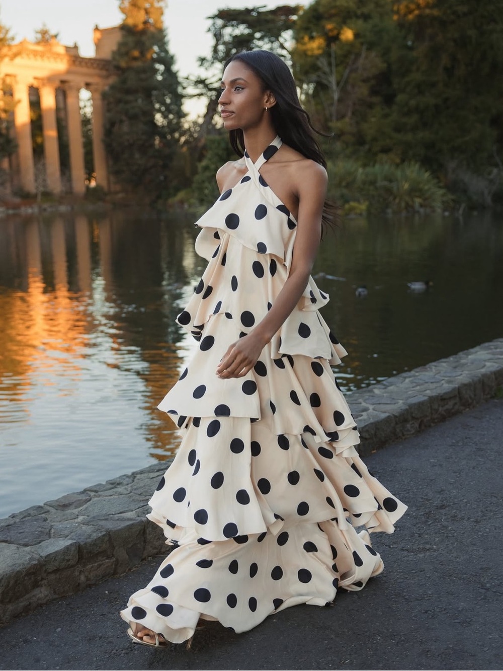 Mac Duggal by Ienna 27540 Beige Tiered Ruffle Polka Dot Charmeuse Gown